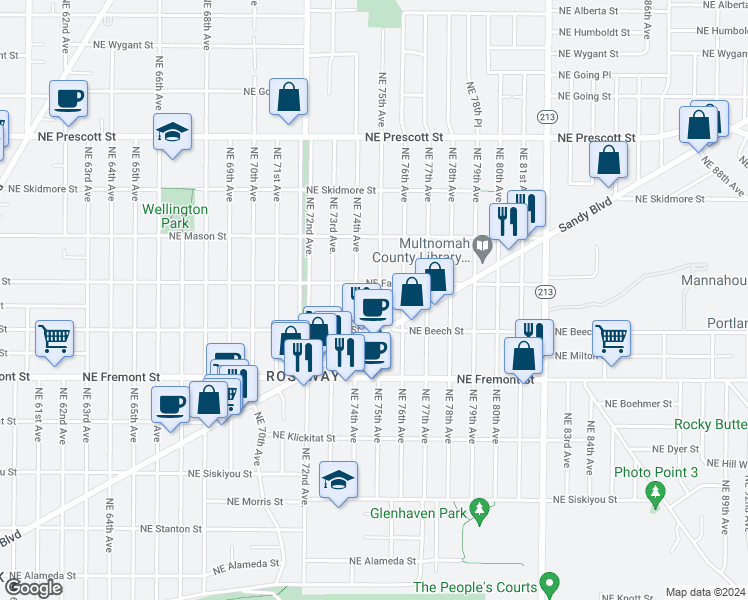 map of restaurants, bars, coffee shops, grocery stores, and more near 3813 Northeast 75th Avenue in Portland