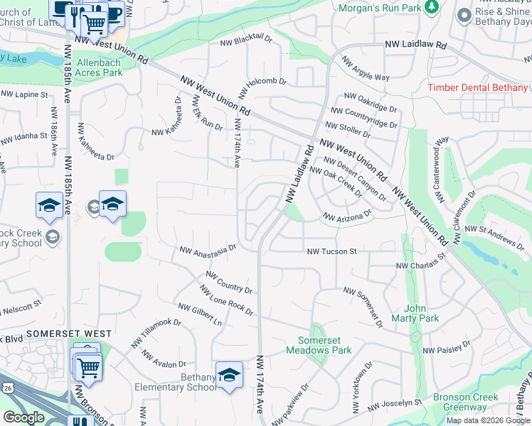 map of restaurants, bars, coffee shops, grocery stores, and more near 17354 Northwest Lapaloma Lane in Beaverton
