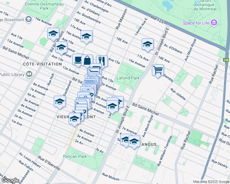 map of restaurants, bars, coffee shops, grocery stores, and more near 3270 Avenue Laurier Est in Montréal