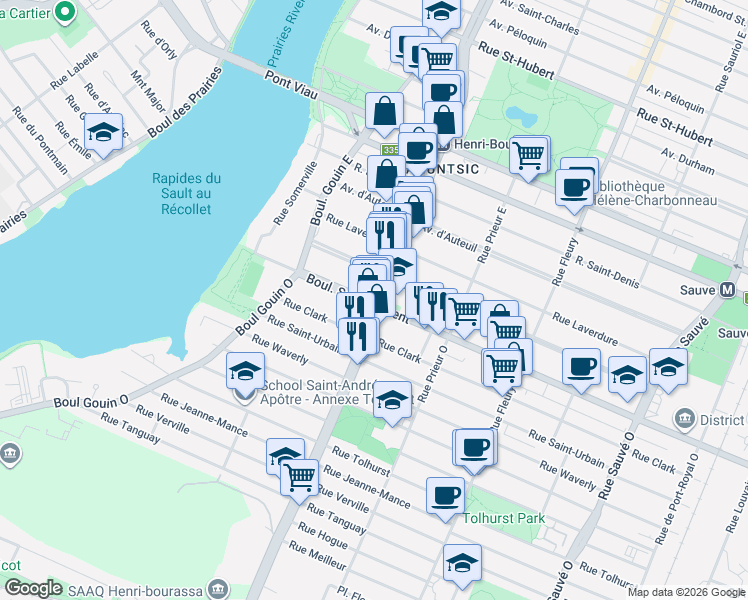 map of restaurants, bars, coffee shops, grocery stores, and more near 10709 Boulevard Saint-Laurent in Montréal
