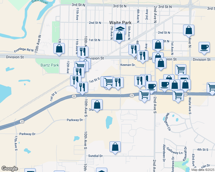 map of restaurants, bars, coffee shops, grocery stores, and more near 175 7th Avenue South in Waite Park