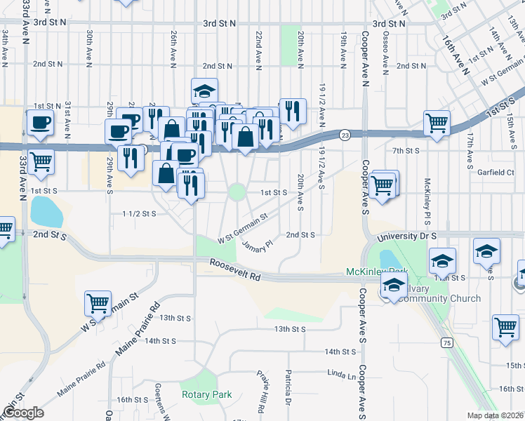 map of restaurants, bars, coffee shops, grocery stores, and more near 2115 West Street Germain Street in St. Cloud