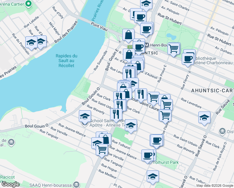 map of restaurants, bars, coffee shops, grocery stores, and more near 10770 Boulevard Saint-Laurent in Montréal
