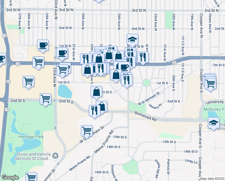 map of restaurants, bars, coffee shops, grocery stores, and more near 133 Roosevelt Road in St. Cloud