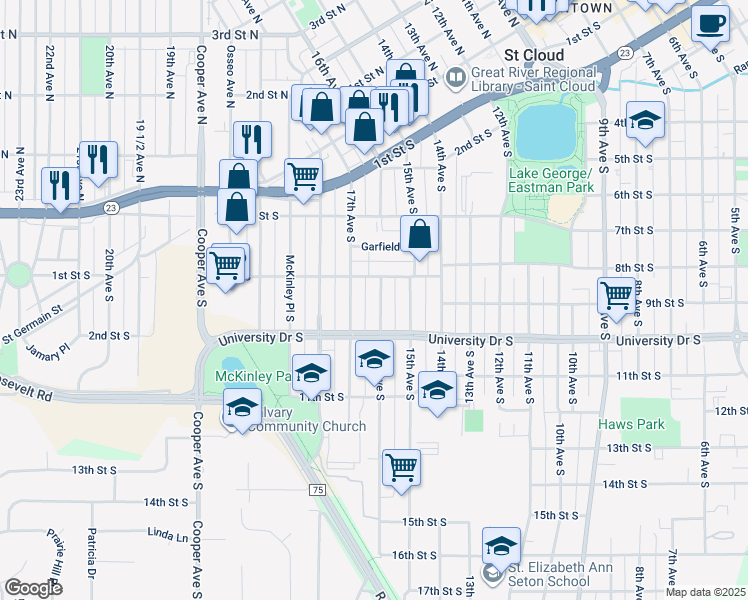 map of restaurants, bars, coffee shops, grocery stores, and more near 823 16th Avenue South in St. Cloud
