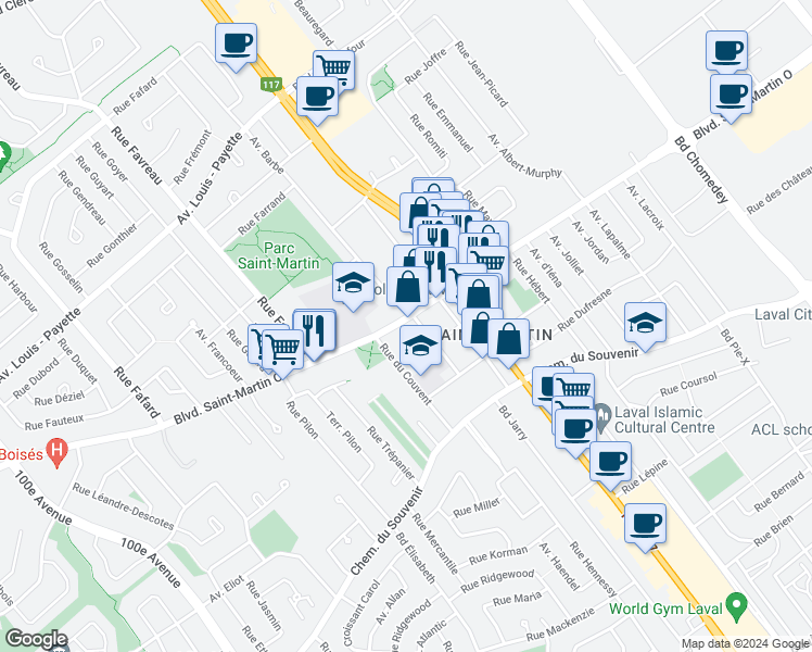 map of restaurants, bars, coffee shops, grocery stores, and more near 3994 B Boulevard Saint-Martin Ouest in Laval