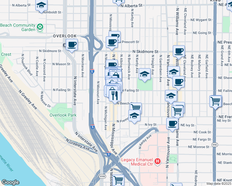 map of restaurants, bars, coffee shops, grocery stores, and more near 3820 North Albina Avenue in Portland