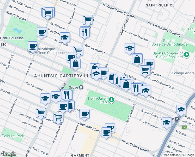 map of restaurants, bars, coffee shops, grocery stores, and more near Rue Lajeunesse in Montréal
