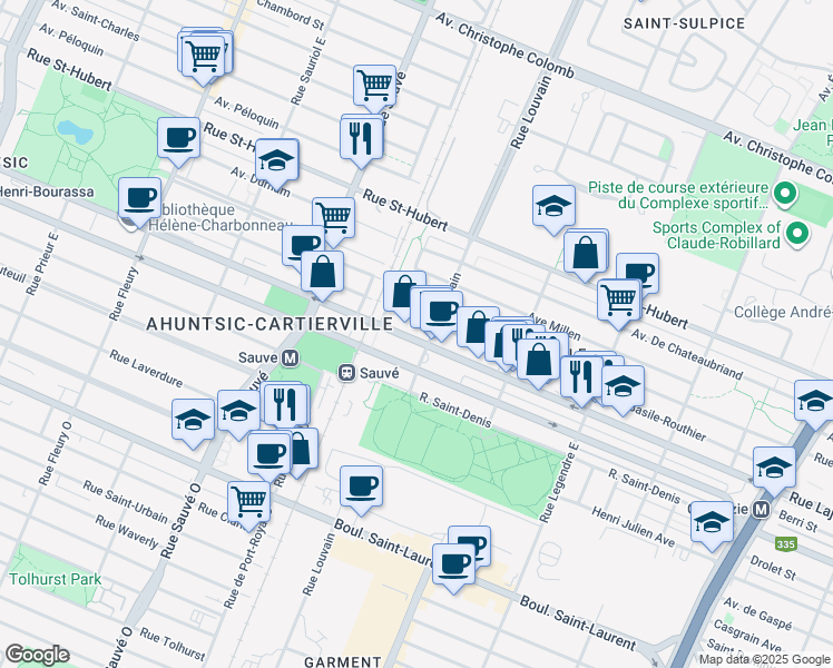 map of restaurants, bars, coffee shops, grocery stores, and more near in Montréal
