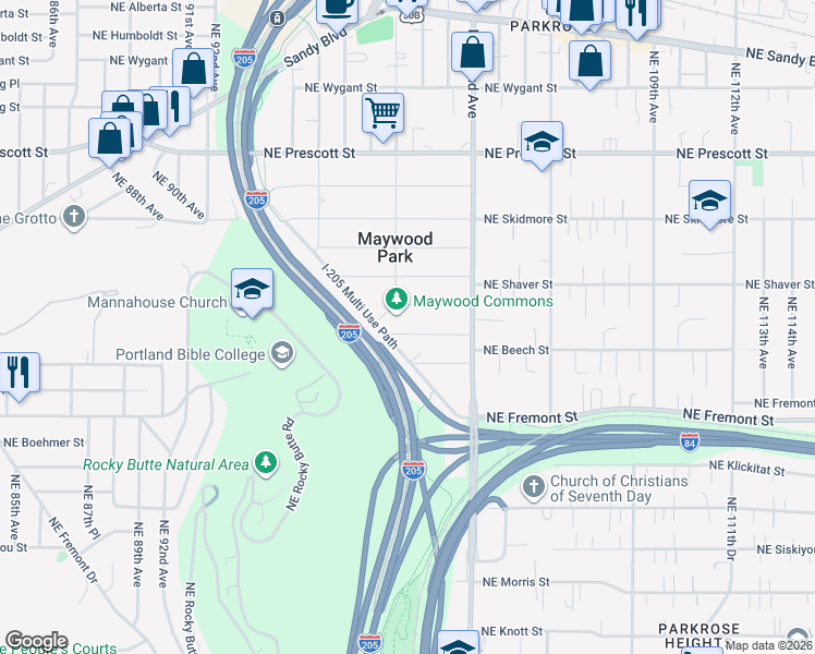 map of restaurants, bars, coffee shops, grocery stores, and more near 9925 Northeast Alton Street in Portland