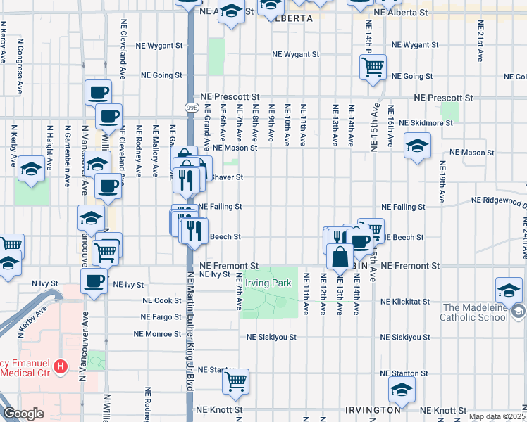 map of restaurants, bars, coffee shops, grocery stores, and more near 3826 Northeast 9th Avenue in Portland