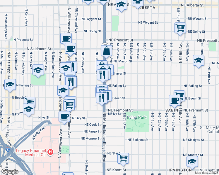 map of restaurants, bars, coffee shops, grocery stores, and more near 3827 Northeast Grand Avenue in Portland