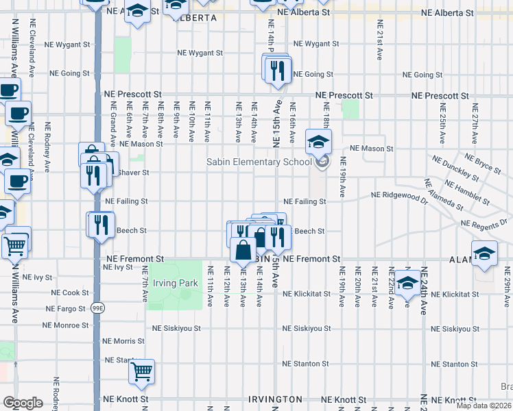 map of restaurants, bars, coffee shops, grocery stores, and more near 1406 Northeast Failing Street in Portland