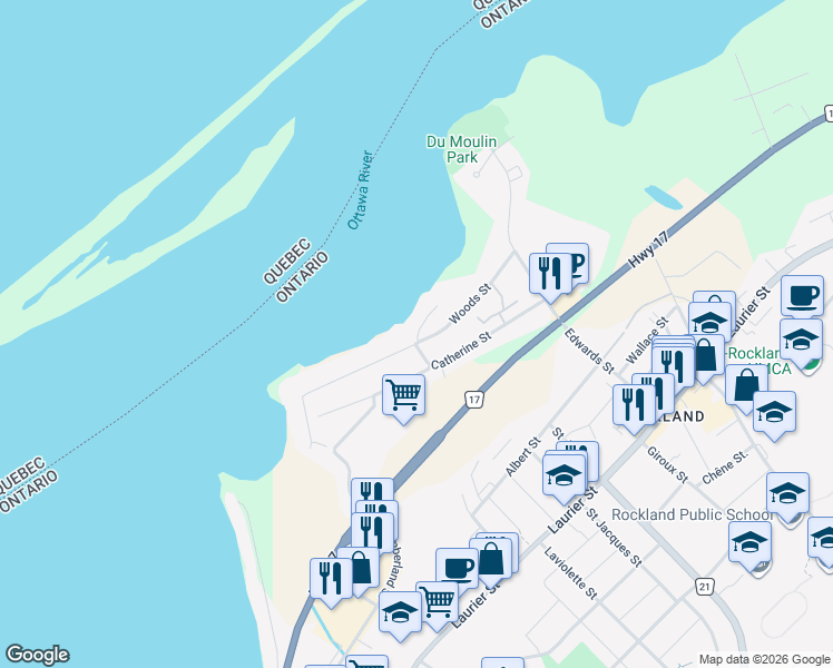map of restaurants, bars, coffee shops, grocery stores, and more near 2120 Du Chateau Avenue in Clarence-Rockland
