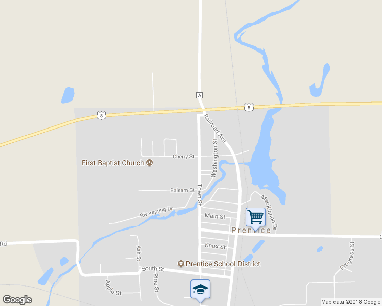 map of restaurants, bars, coffee shops, grocery stores, and more near 1703 Town Street in Prentice