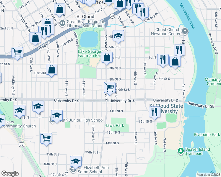 map of restaurants, bars, coffee shops, grocery stores, and more near 813 9th Street South in St. Cloud