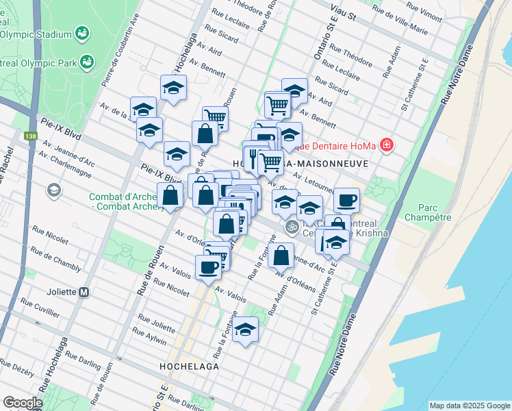 map of restaurants, bars, coffee shops, grocery stores, and more near 4120 Rue Ontario Est in Montréal