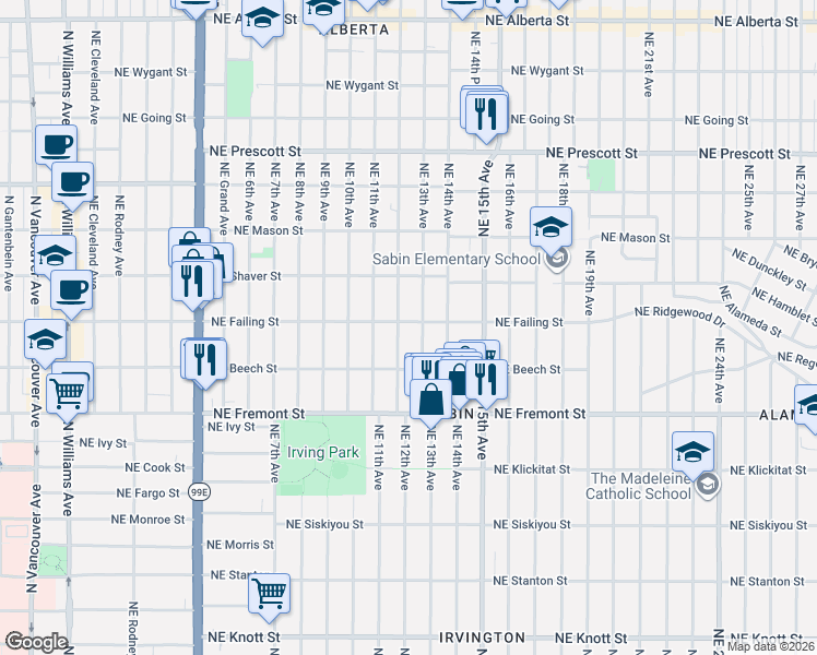 map of restaurants, bars, coffee shops, grocery stores, and more near 1214 Northeast Failing Street in Portland