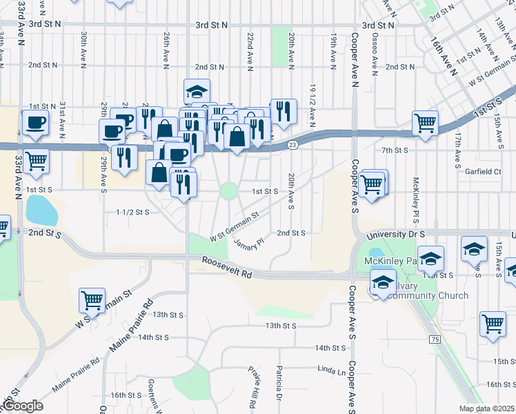 map of restaurants, bars, coffee shops, grocery stores, and more near 2115 West Street Germain Street in St. Cloud