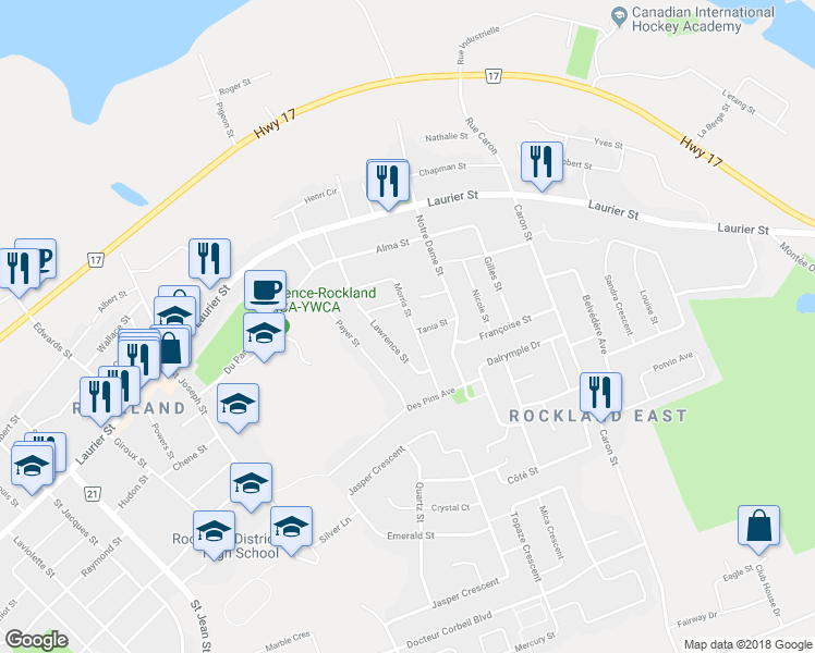 map of restaurants, bars, coffee shops, grocery stores, and more near 914 Morris Street in Clarence-Rockland