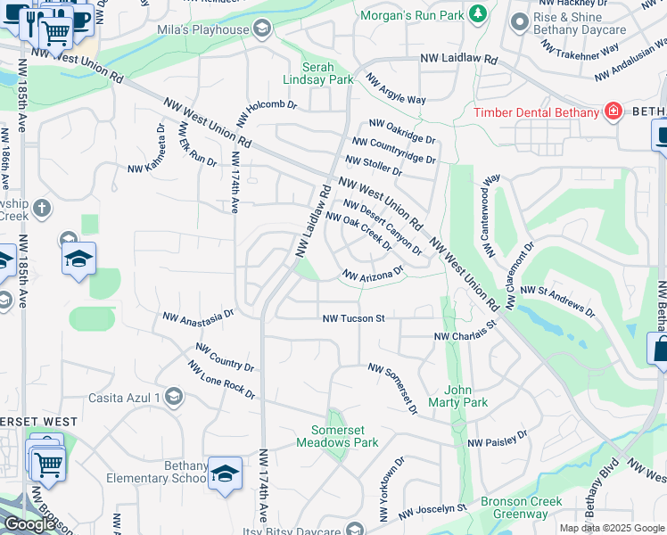 map of restaurants, bars, coffee shops, grocery stores, and more near 16856 Northwest Arizona Drive in Beaverton