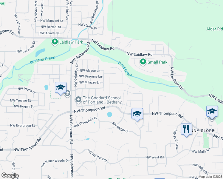 map of restaurants, bars, coffee shops, grocery stores, and more near 4316 Northwest Ashbrook Drive in Portland