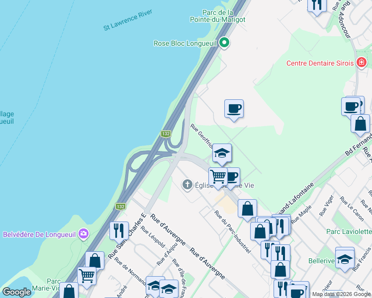 map of restaurants, bars, coffee shops, grocery stores, and more near 840 Rue Saint-Charles Est in Longueuil