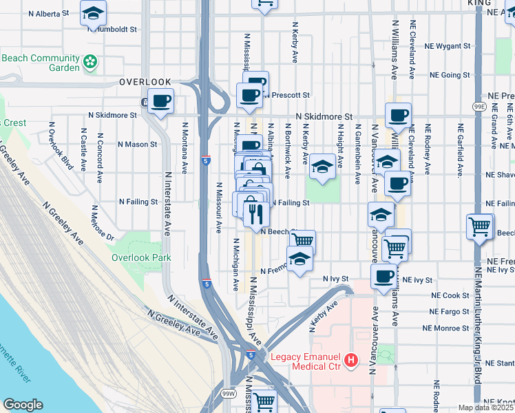 map of restaurants, bars, coffee shops, grocery stores, and more near 3850 North Mississippi Avenue in Portland