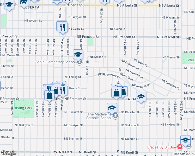 map of restaurants, bars, coffee shops, grocery stores, and more near 3831 Northeast 21st Avenue in Portland