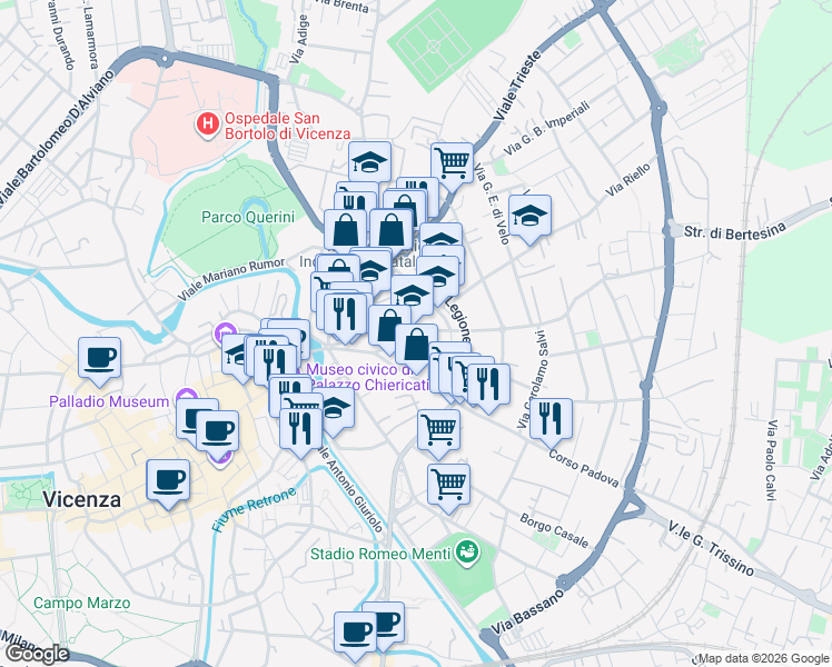 map of restaurants, bars, coffee shops, grocery stores, and more near 5 Stradella delle Cappuccine in Vicenza