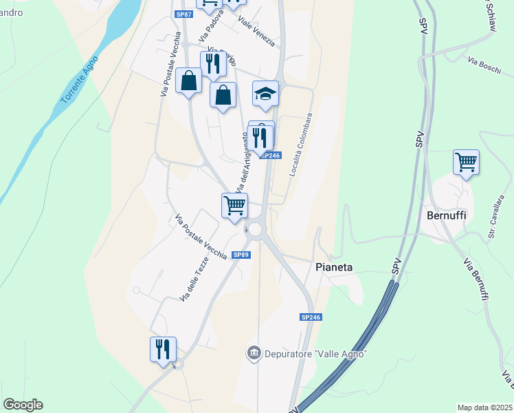 map of restaurants, bars, coffee shops, grocery stores, and more near 12 Via del Commercio in Trissino