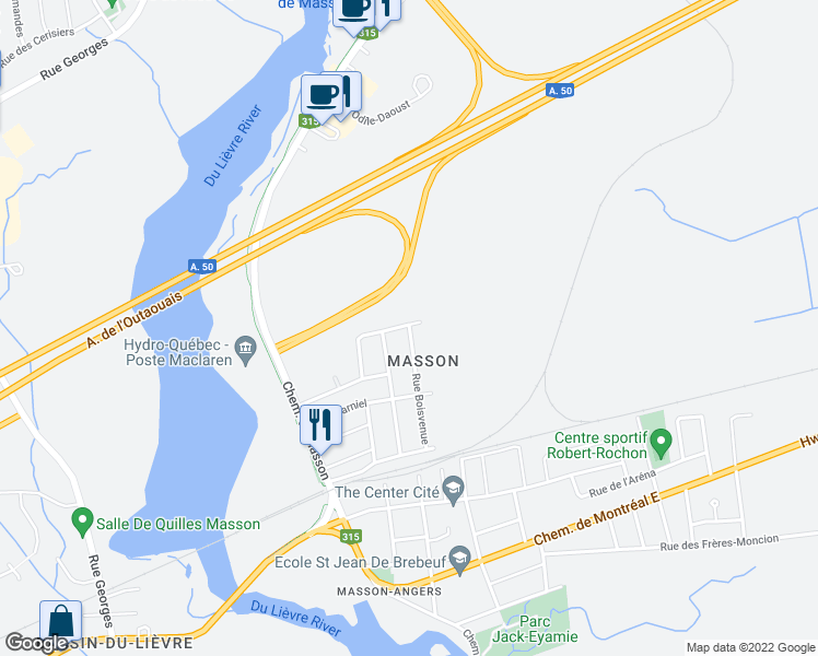 map of restaurants, bars, coffee shops, grocery stores, and more near 84 Rue Boisvenue in Gatineau