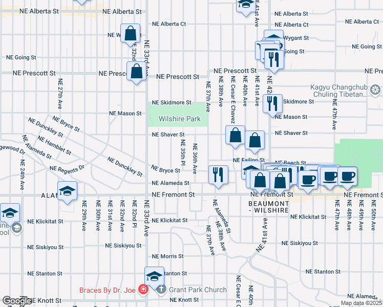 map of restaurants, bars, coffee shops, grocery stores, and more near 3810 Northeast 36th Avenue in Portland