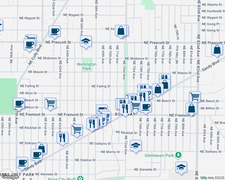map of restaurants, bars, coffee shops, grocery stores, and more near 3828 Northeast 70th Avenue in Portland