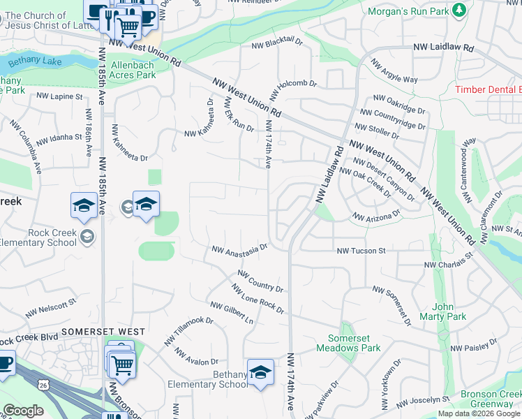 map of restaurants, bars, coffee shops, grocery stores, and more near 4255 Northwest 174th Avenue in Portland