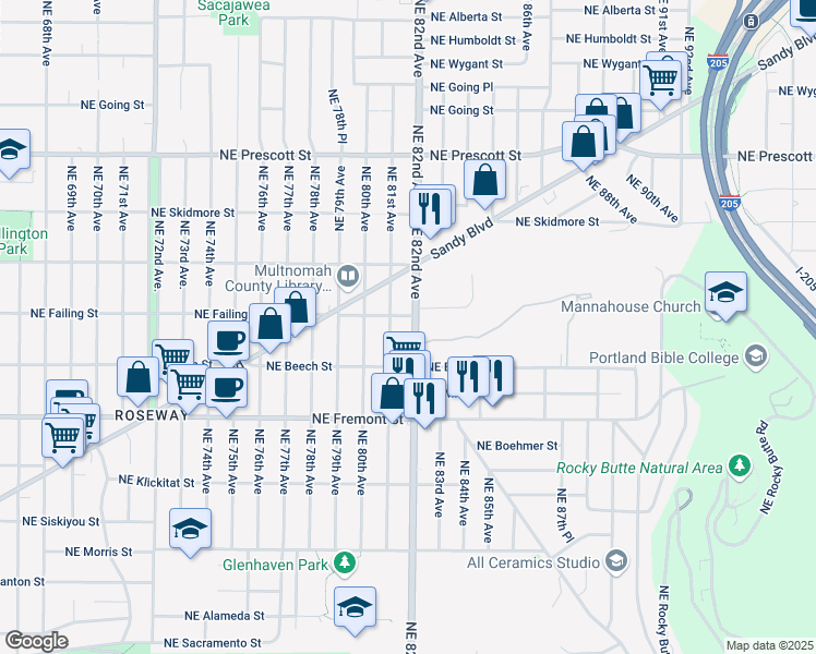 map of restaurants, bars, coffee shops, grocery stores, and more near 3828 Northeast 82nd Avenue in Portland