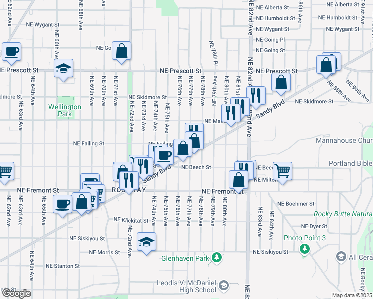 map of restaurants, bars, coffee shops, grocery stores, and more near 3832 Northeast 76th Avenue in Portland