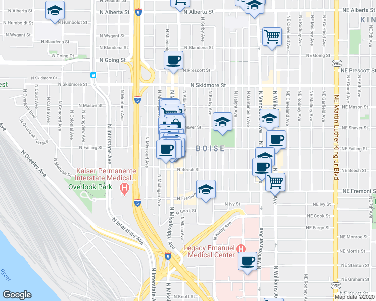 map of restaurants, bars, coffee shops, grocery stores, and more near 3820 North Albina Avenue in Portland