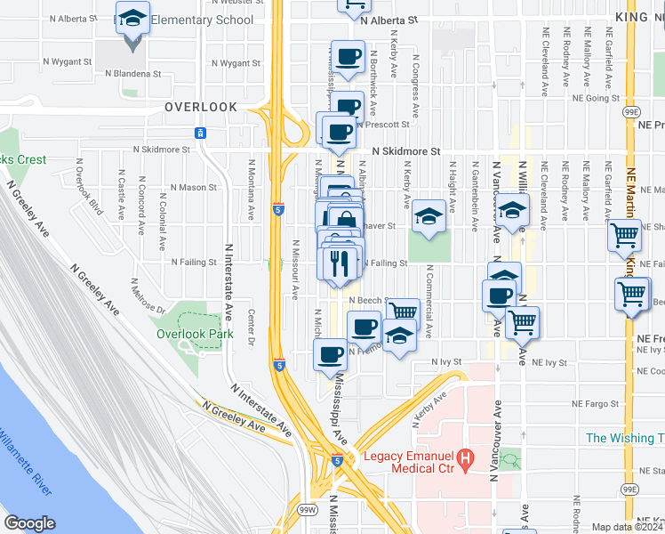 map of restaurants, bars, coffee shops, grocery stores, and more near 3855 North Mississippi Avenue in Portland