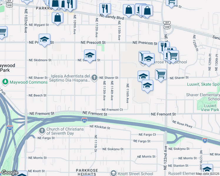 map of restaurants, bars, coffee shops, grocery stores, and more near 3811 Northeast 114th Avenue in Portland