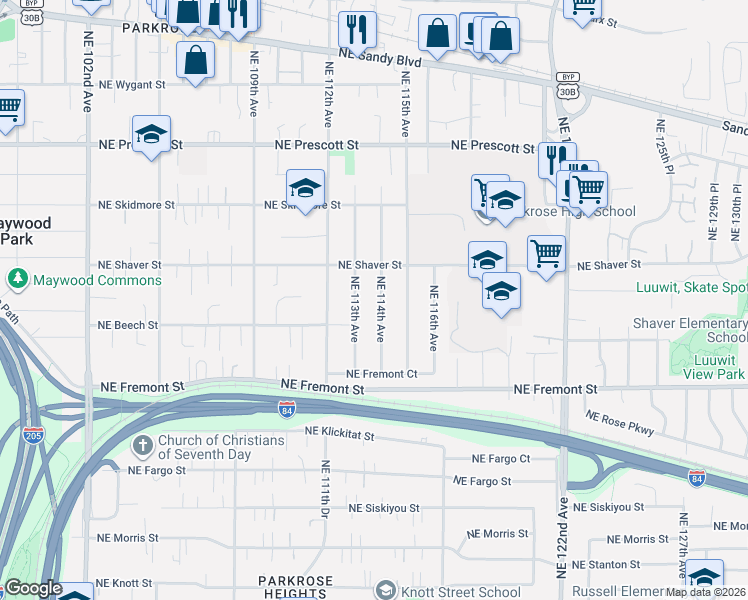 map of restaurants, bars, coffee shops, grocery stores, and more near 3811 Northeast 114th Avenue in Portland