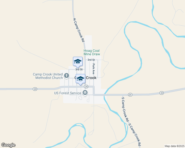 map of restaurants, bars, coffee shops, grocery stores, and more near 203 Park Avenue in Camp Crook