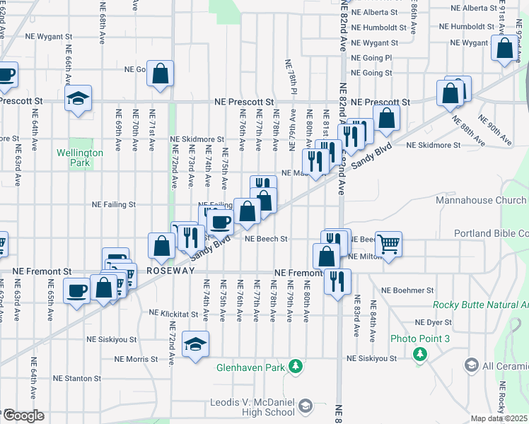 map of restaurants, bars, coffee shops, grocery stores, and more near 7727 Northeast Sandy Boulevard in Portland