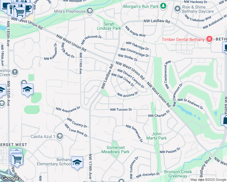 map of restaurants, bars, coffee shops, grocery stores, and more near 16856 Northwest Arizona Drive in Beaverton