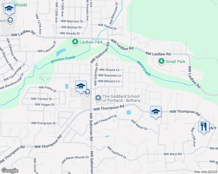 map of restaurants, bars, coffee shops, grocery stores, and more near Northwest Forest Spring Lane in Portland