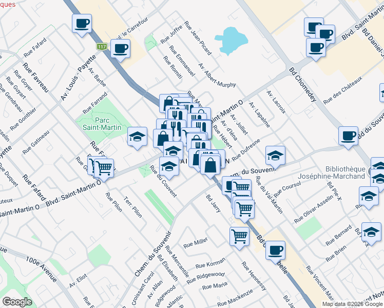 map of restaurants, bars, coffee shops, grocery stores, and more near 1654 Boulevard Curé-Labelle in Laval