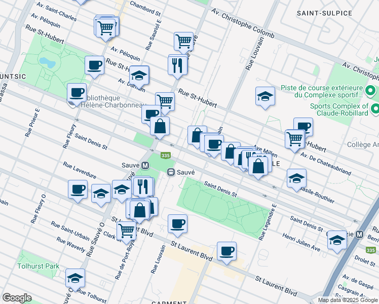 map of restaurants, bars, coffee shops, grocery stores, and more near 9565 Rue Lajeunesse in Montreal
