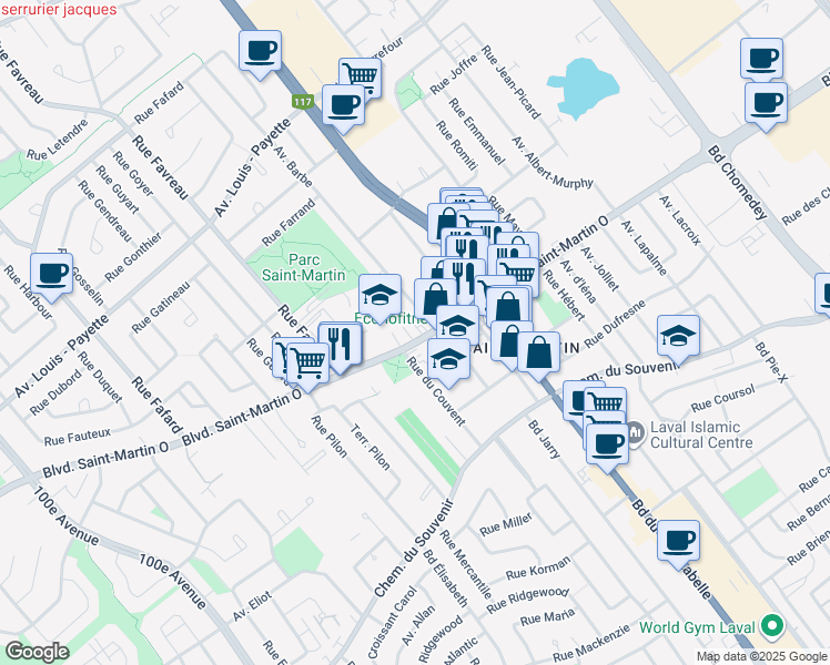 map of restaurants, bars, coffee shops, grocery stores, and more near 4021 Boulevard Saint-Martin Ouest in Laval