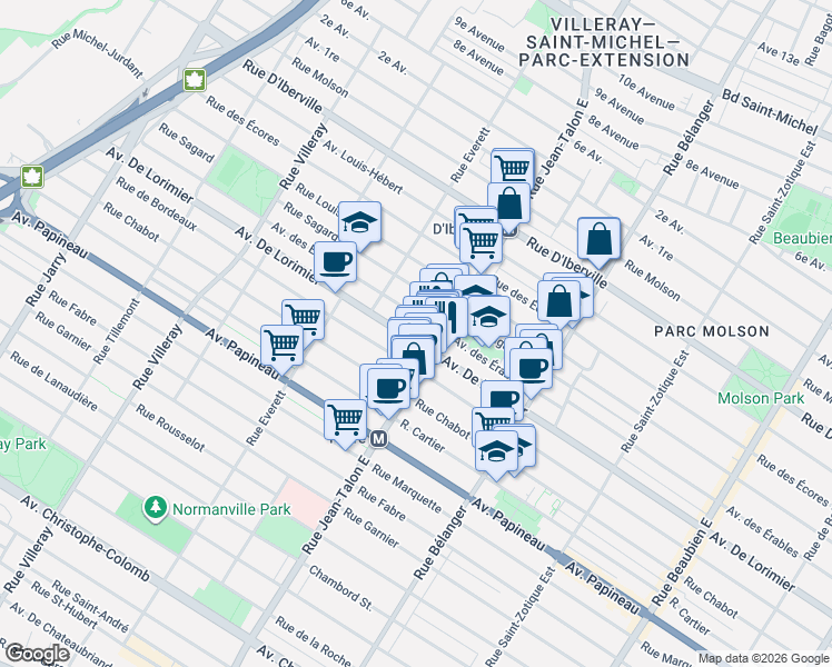 map of restaurants, bars, coffee shops, grocery stores, and more near 7183 Avenue De Lorimier in Montréal