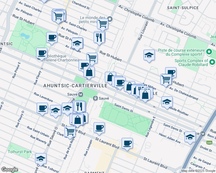 map of restaurants, bars, coffee shops, grocery stores, and more near 9555 Rue Lajeunesse in Montréal